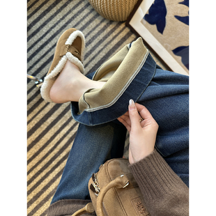 保暖加绒宽松阔腿牛仔裤 女秋冬新款 高腰双粒扣筒喇叭裤 比例神裤