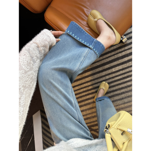 型好到爆 宽松阔腿九分裤 刺绣直筒翻边牛仔裤 新款 女小个子春季 版