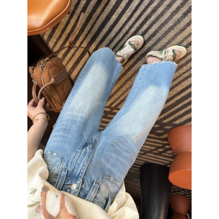 复古宽松百搭裤 时髦大毛边 女2026新款 八分阔腿牛仔裤 子 磨边春季