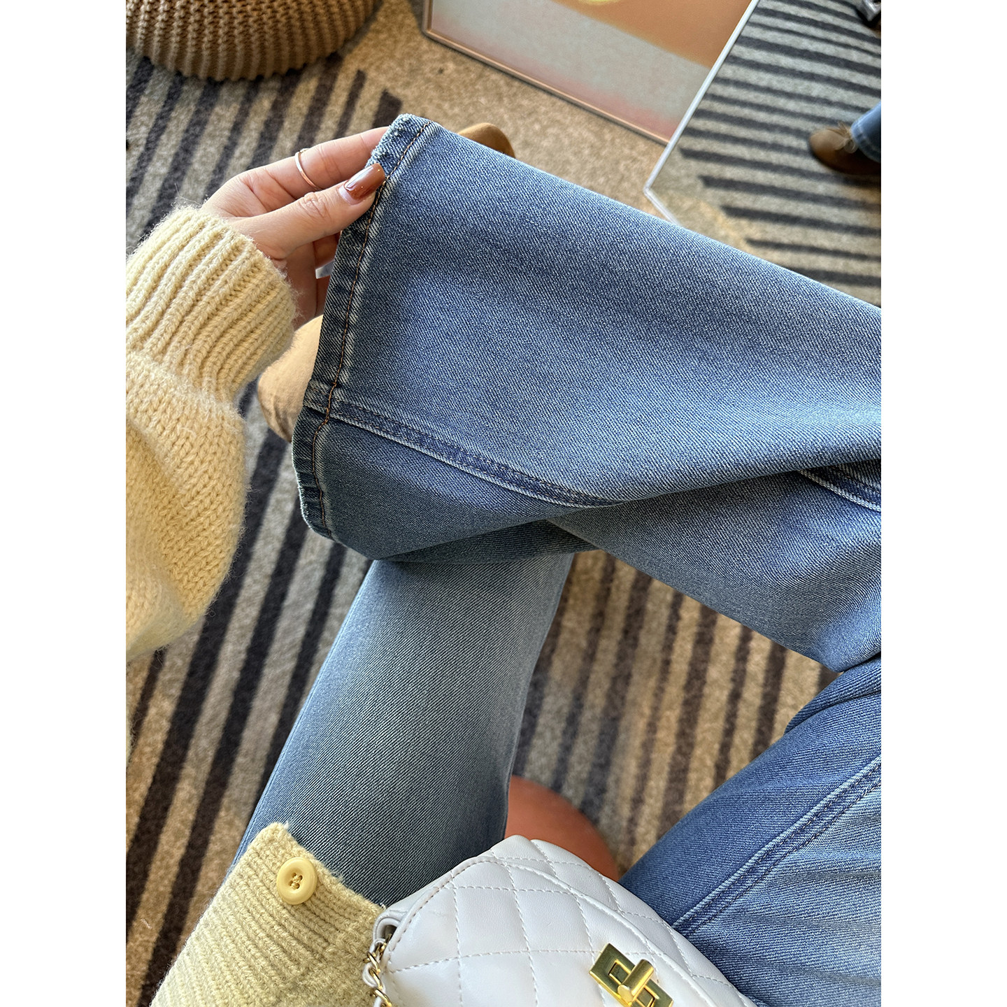 颜色太正了！~早春四面弹高腰微喇叭牛仔裤女浅蓝色弹力修身长裤,女装/女士精品,牛仔裤,淘宝优惠券,粉丝福利购,淘宝优惠卷