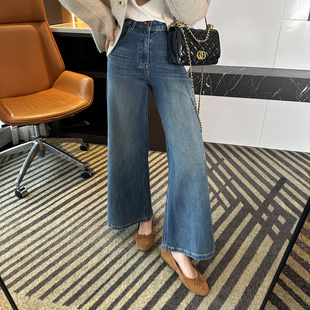 女秋小个子宽松高腰九分裤 长腿公式 四面弹不贴腿筒喇叭牛仔裤