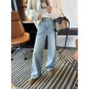 宽松直筒阔腿长裤 双生水洗色 女秋冬新款 牛仔裤 加厚复合绒窄版