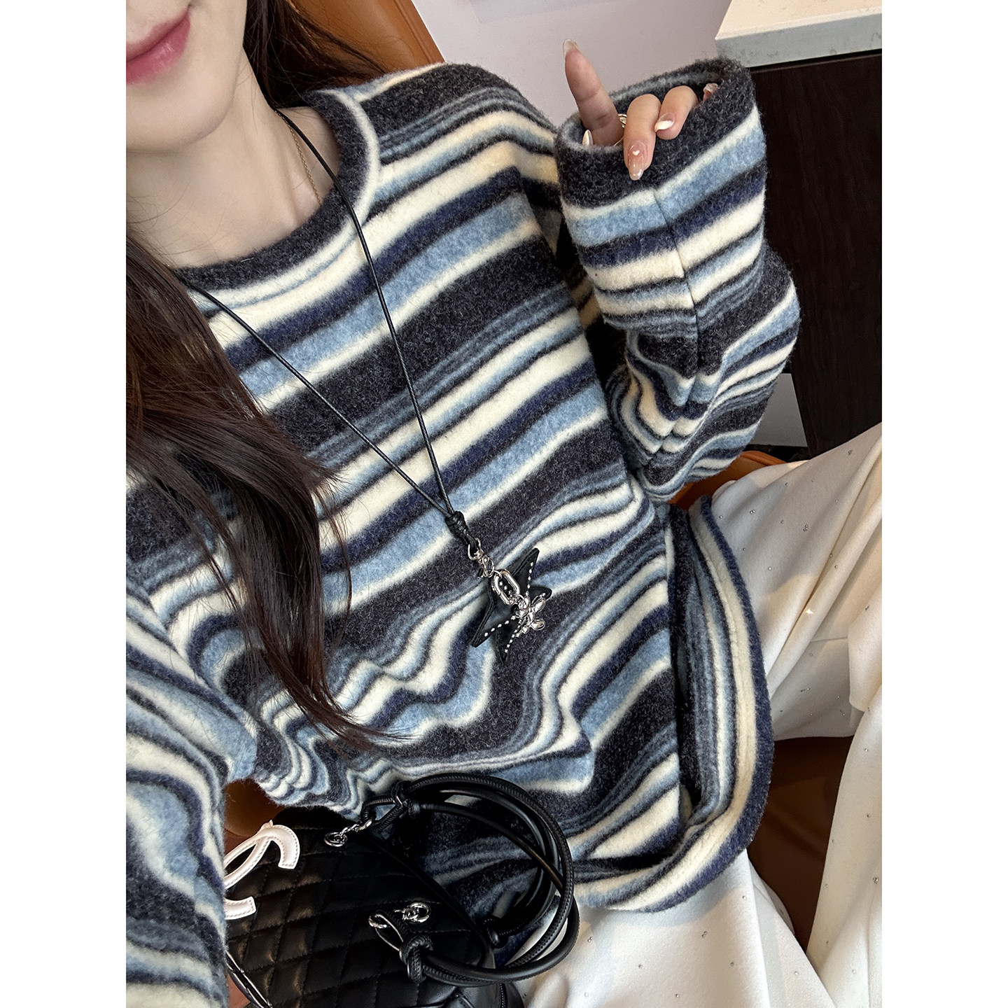 发热纸片人！~双面糯米绒条纹长袖T恤女冬保暖打底衫宽松圆领上衣,女装/女士精品,T恤,淘宝优惠券,粉丝福利购,淘宝优惠卷