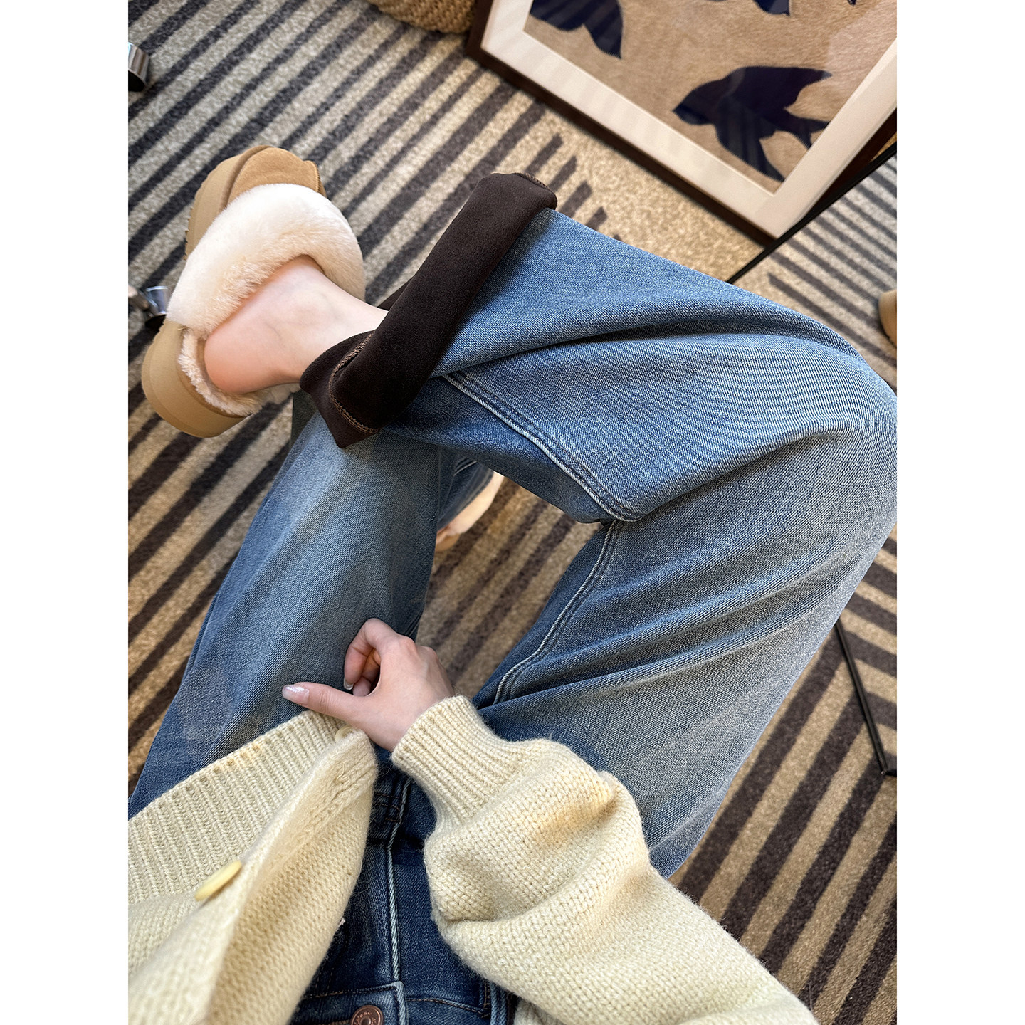 神裤上线！~加厚一体绒阔腿牛仔裤女秋冬新款垂感宽松直筒长裤子,女装/女士精品,牛仔裤,淘宝优惠券,粉丝福利购,淘宝优惠卷