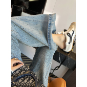 高腰宽松弯刀长裤 一整个爆闪 新款 女2026春季 子 满钻阔腿牛仔裤