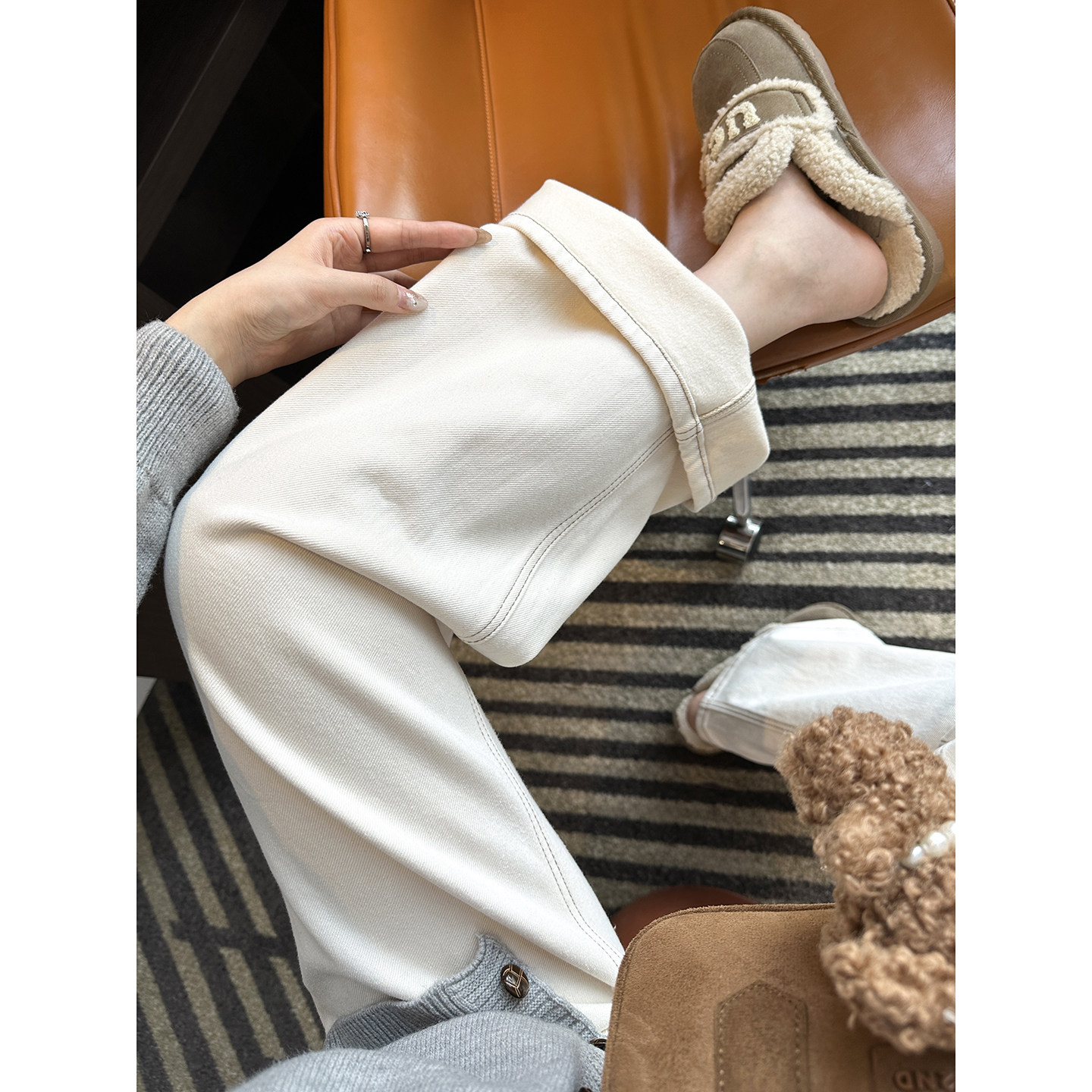 高级暖色系~！米白色高腰拖地牛仔裤女秋冬新款加绒宽松阔腿长裤,女装/女士精品,牛仔裤,淘宝优惠券,粉丝福利购,淘宝优惠卷