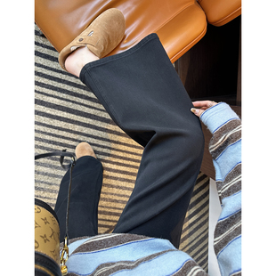 裤型超牛！~黑色高腰筒喇叭牛仔裤女秋冬加绒弹力宽松小个子长裤