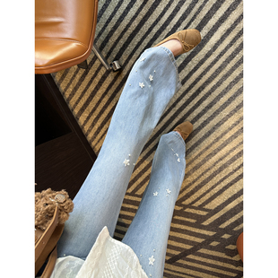 型 显瘦长裤 花朵钉珠蓝色喇叭牛仔裤 遮胯修身 子 女2026新款 神仙裤