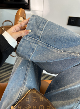 buling爆闪！重工烫钻牛仔裤女新款春季小个子宽松九分阔腿气球裤