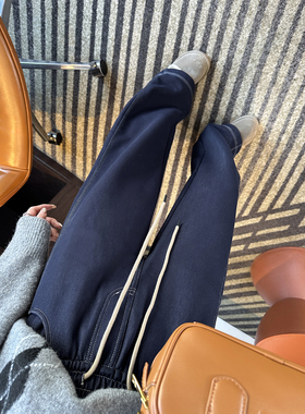 升级版 复古深蓝松紧腰休闲牛仔裤女秋冬新款加绒加厚直筒阔腿裤