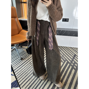 女秋冬新松弛垂感宽松直筒休闲裤 咖色加绒阔腿裤 巨好看 配丝带