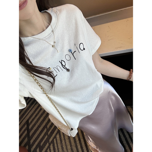 云柔肤感！！刺绣字母短袖T恤女2026新款设计感百搭显瘦圆领上衣