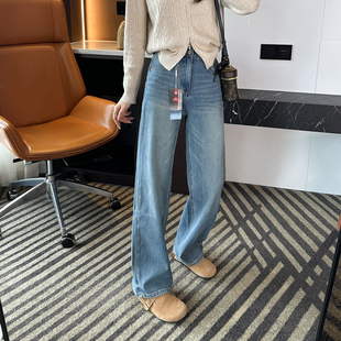 四面弹窄版 高腰宽松直筒裤 阔腿牛仔裤 新款 女秋季 超绝比例神裤
