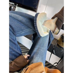 加厚绒宽松直筒长裤 神裤 女秋冬新款 立体裁剪阔腿牛仔裤 子 安利