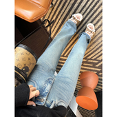 遮胯shen裤 子 宽松显瘦长裤 浅蓝色加绒阔腿牛仔裤 女2025冬新款