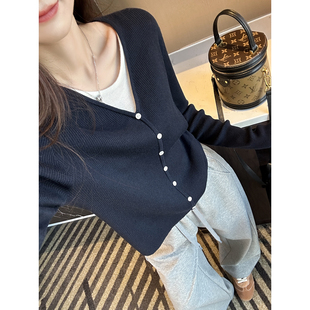 简约百搭假两件长袖 软糯王 新款 女春季 上衣 拼色蚕丝羊毛针织衫