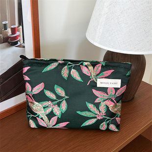 复古小众化妆包花朵帆布便携护肤品收纳袋洗漱包内胆包手拿包