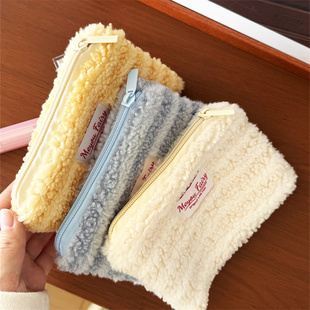 小号毛绒条纹小方包化妆包简约便携洗漱包口红收纳包手拿包内胆包