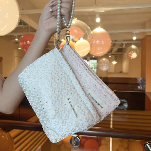 小众淑女甜美风化妆包手拎珍珠链条收纳袋笔袋钱包手机包逛街小包