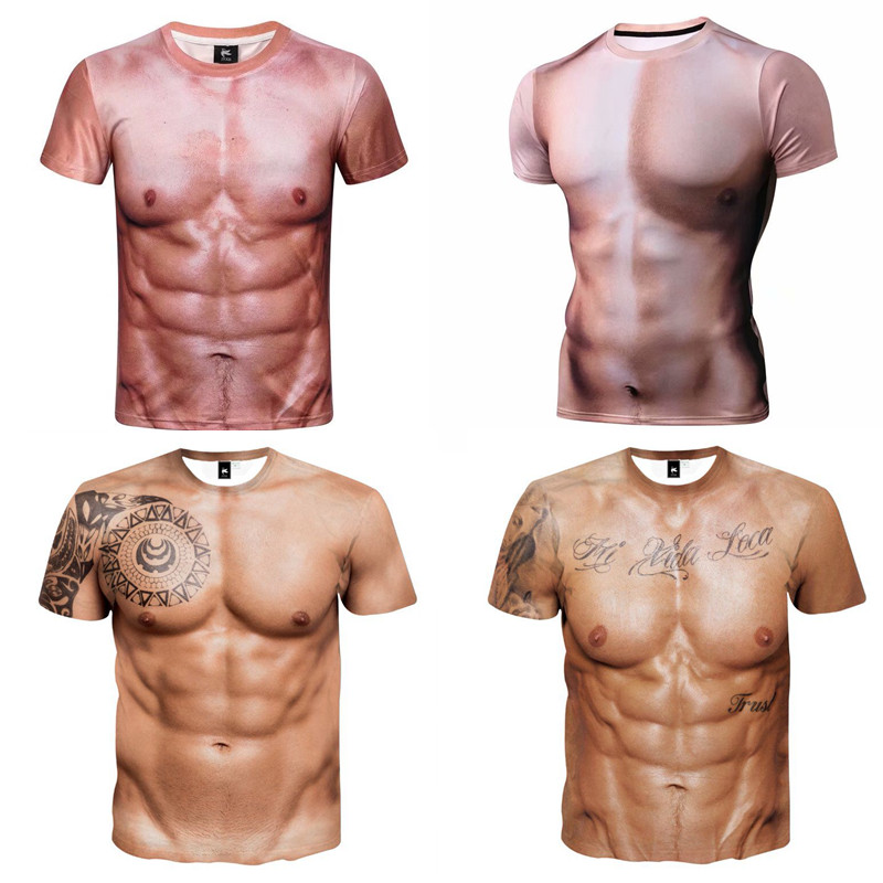 搞笑3d肌肉衣服抖音同款逼真6八块腹肌胸肌短袖t恤男年会表演道具