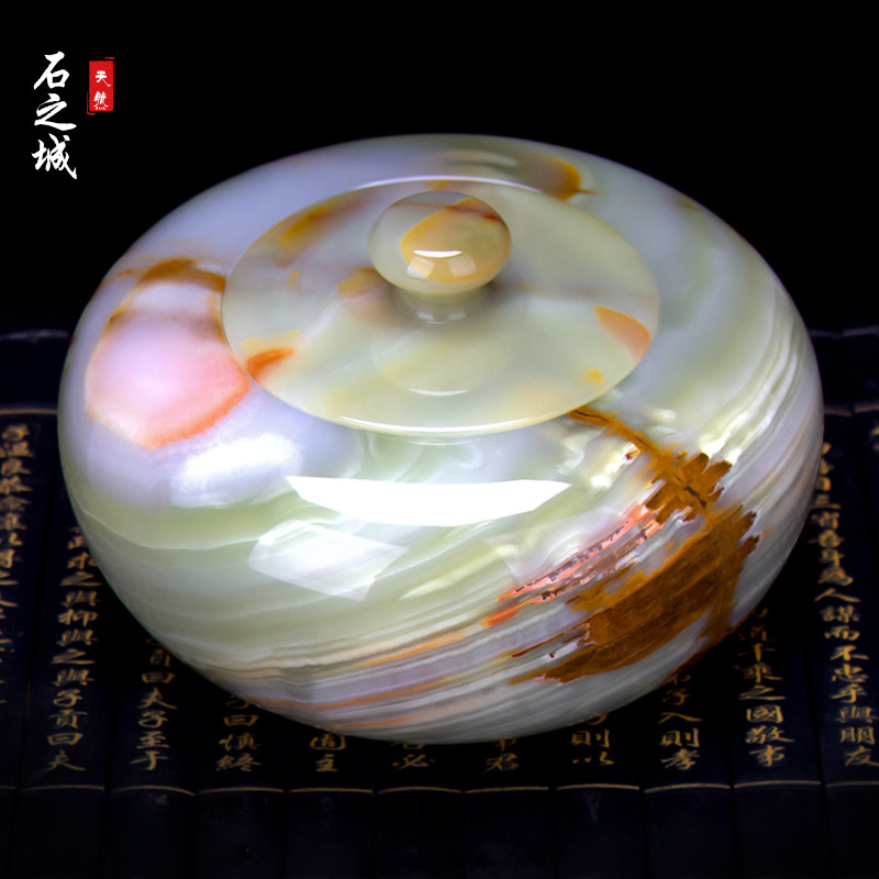 纯天然玉石带盖茶叶罐家用石材装饰摆件客厅石材苹果盅储物罐包邮