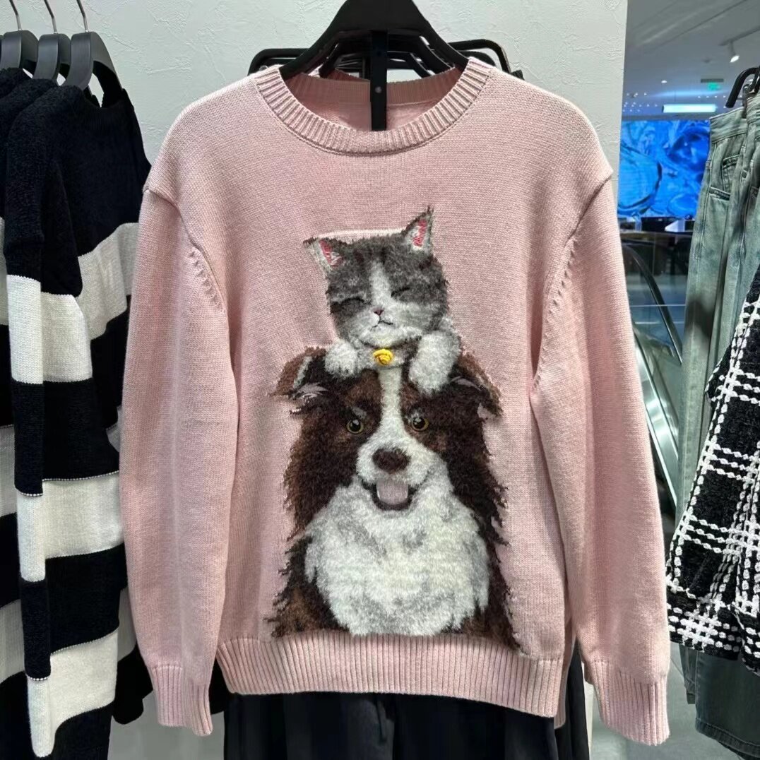 专柜撤回卡通猫咪狗狗图案粉色针织衫男女款套头毛衣