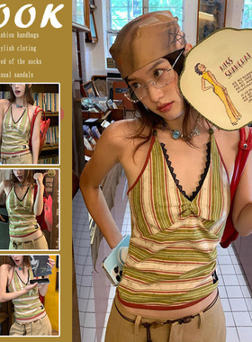 法式复古V领条纹吊带背心女夏季外穿辣妹无袖露背收腰短款上衣ins