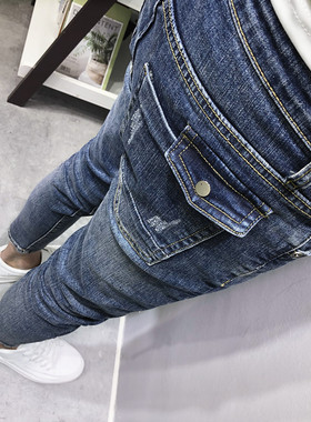 ins工装个性口袋水洗蓝小脚牛仔裤 潮男春夏新韩修身社会小伙青年