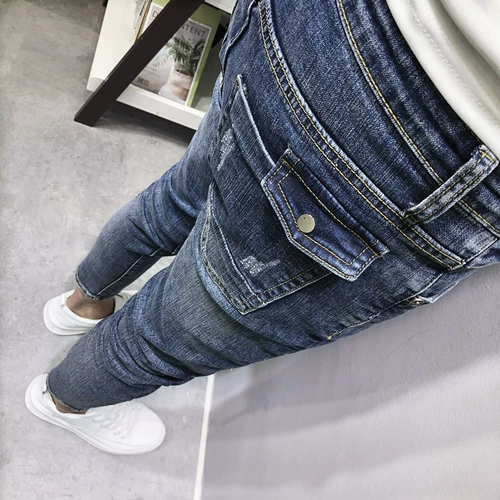 INS Workmanship Pocket Pocket Wash Blue Foot Jeans Jean's Spring и Summer New Hanxiu Social Guy Youth