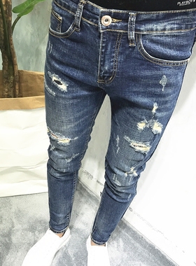 潮男春新韩版修身水洗蓝破洞补丁小脚牛仔裤社会小伙网红快手chic