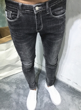 18潮男春新款韩版修身弹力小脚黑灰字母牛仔裤长社会小伙chic网红