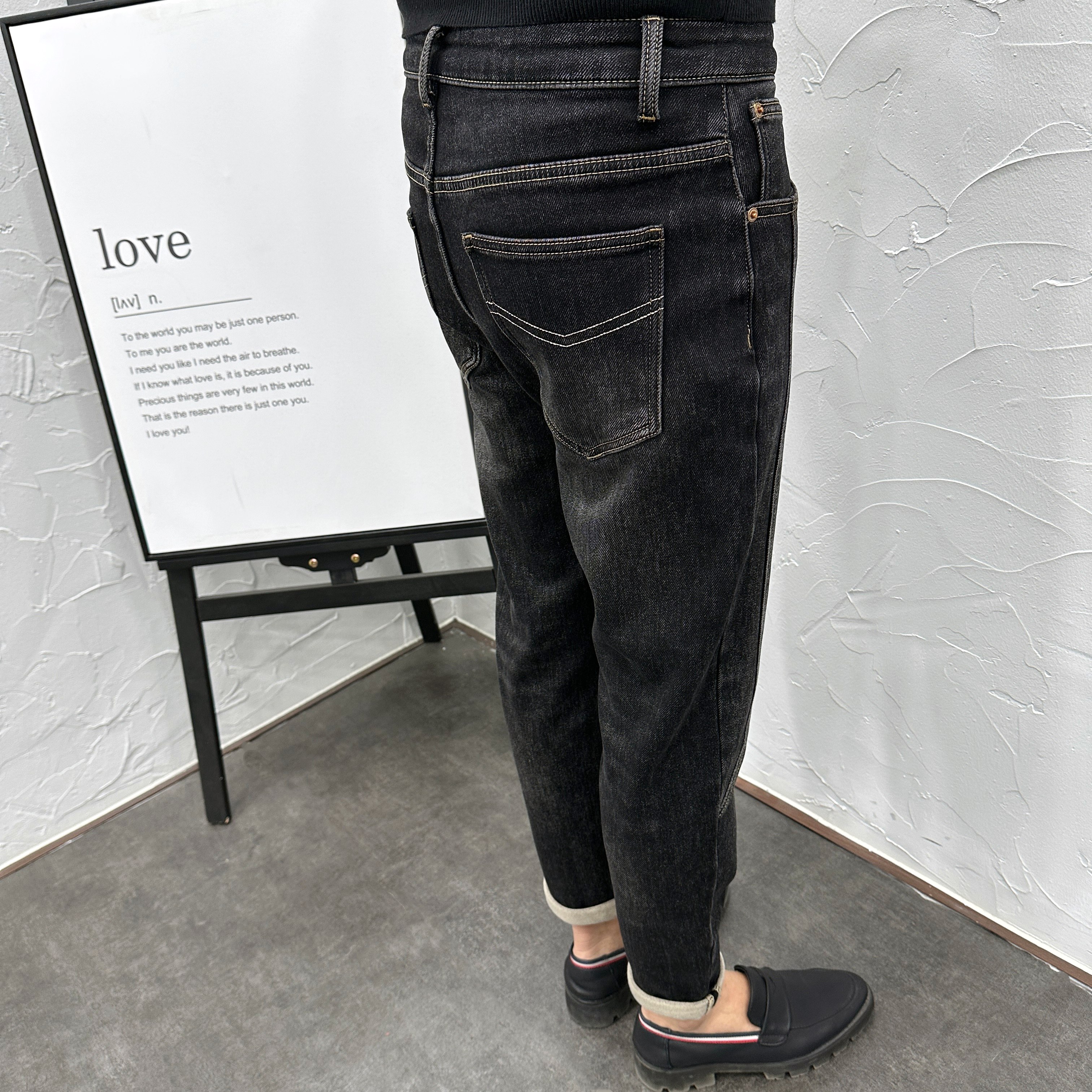 黑黄色水洗抓毛加厚保暖弹力修身小脚牛仔裤男士秋冬新款潮流长裤