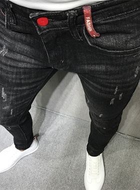 潮男秋冬新韩版修身复古做旧黑猫须小脚牛仔裤社会小伙快手网红人