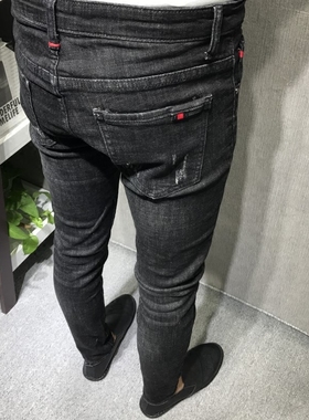 秋冬款潮男修身黑加厚抓毛猫须小脚牛仔裤社会小伙快手红人网红爆