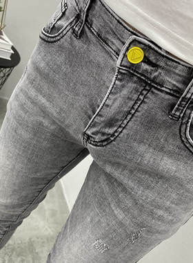 弹力百搭烟灰刺绣修身小脚九分牛仔裤男潮夏薄新韩版社会小伙网红