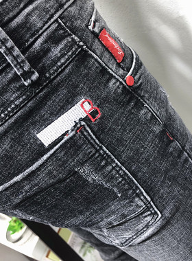 ins火烟灰色刺绣小脚牛仔长裤 潮男春夏新韩修身社会小伙青年抖音