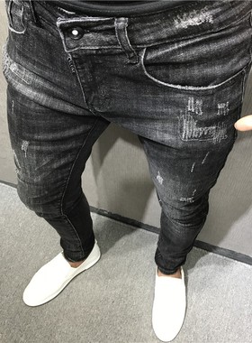 潮男秋冬新韩修身刺绣猫须黑小脚牛仔裤男长社会精神小伙快手网红