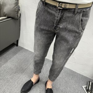 宽松斜插口袋烟灰水洗微跨小脚九分牛仔裤男春夏潮流休闲弹力9分