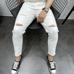 时尚百搭白色破洞弹力修身小脚九分牛仔裤男士夏潮流休闲薄款裤子