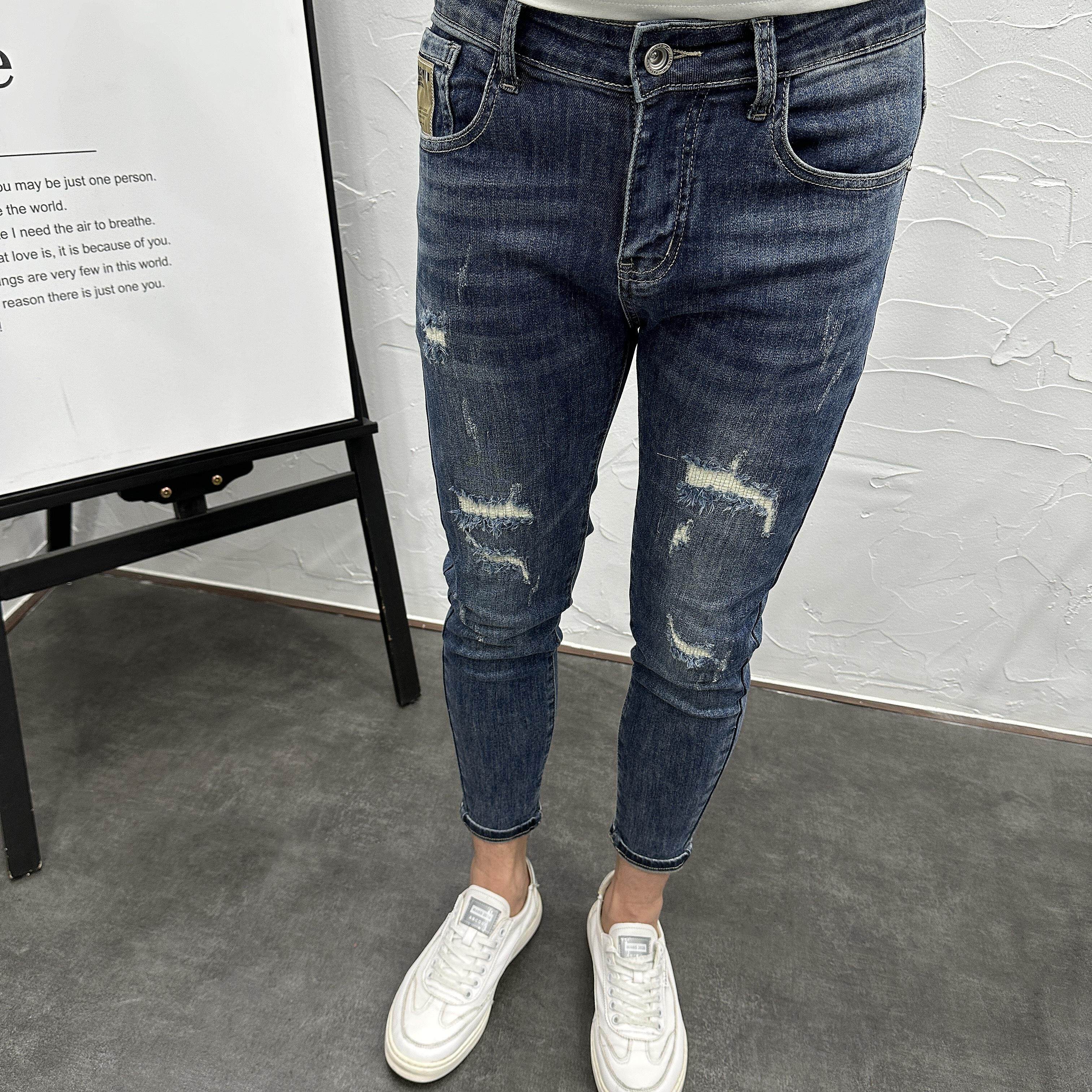 破洞浅蓝色水洗弹力修身小脚九分牛仔裤男夏潮流休闲薄款炸街时尚