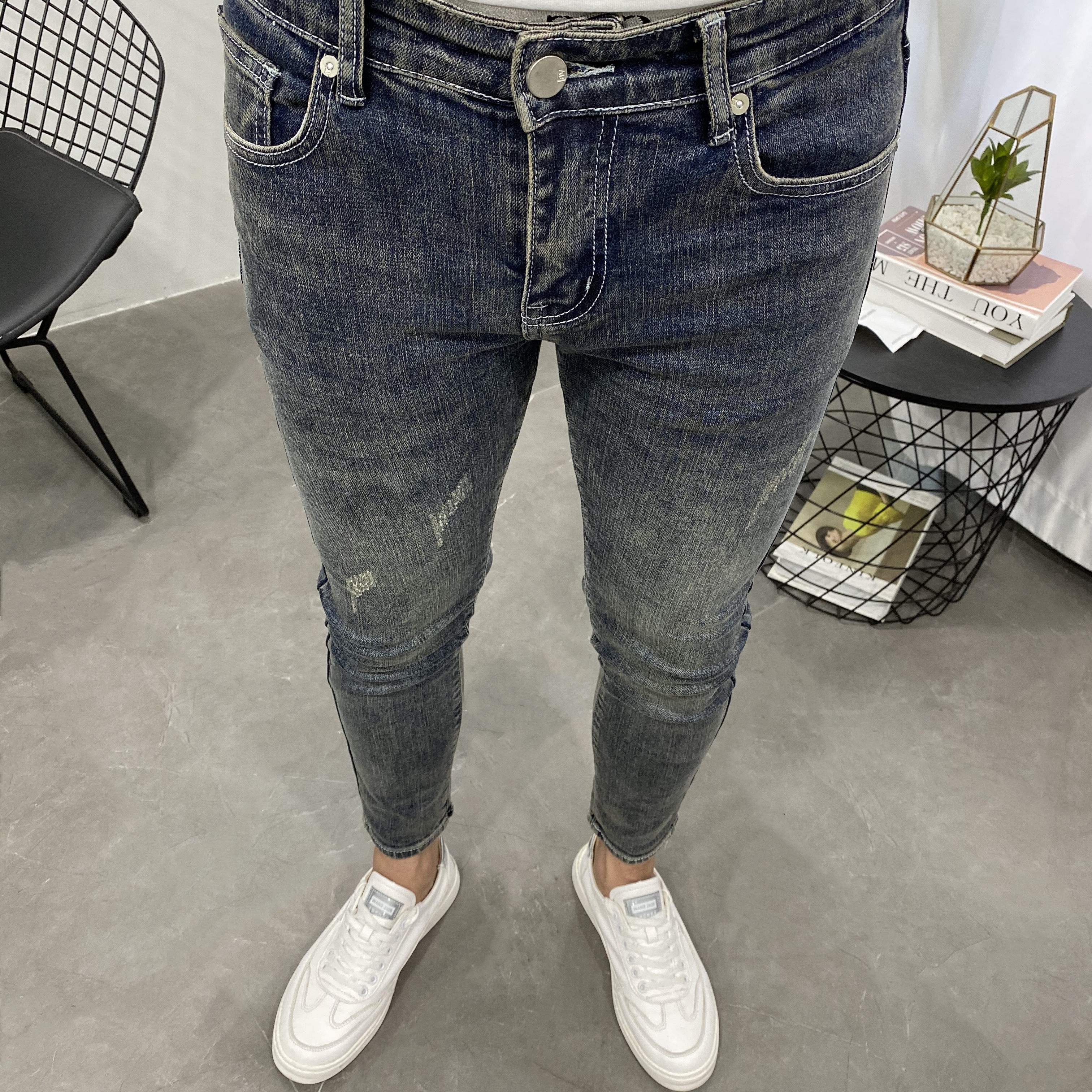 有腔调的蓝微九分潮男秋牛仔长裤