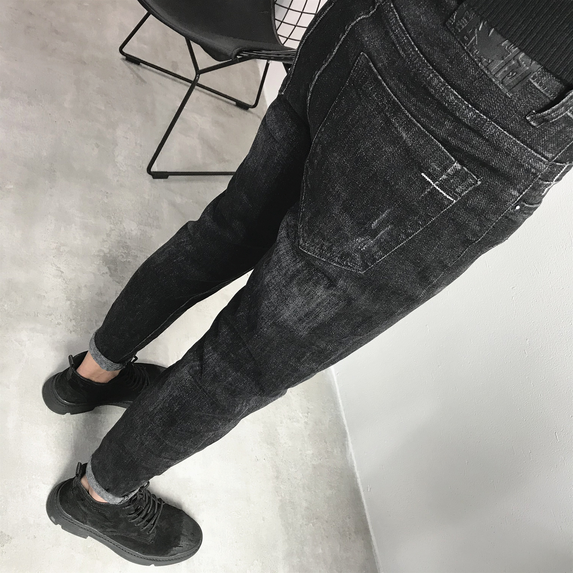 抓毛牛仔裤男秋冬新款黑灰色微跨小脚裤修身显瘦潮流百搭社会精神 - 淘宝联盟商品