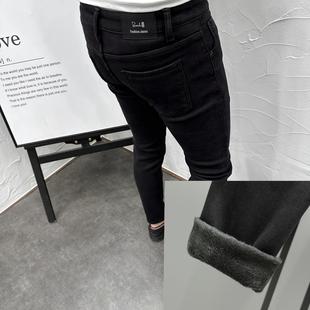 潮男冬弹力休闲百搭长裤 加绒加厚保暖水洗纯黑修身 小脚九分牛仔裤