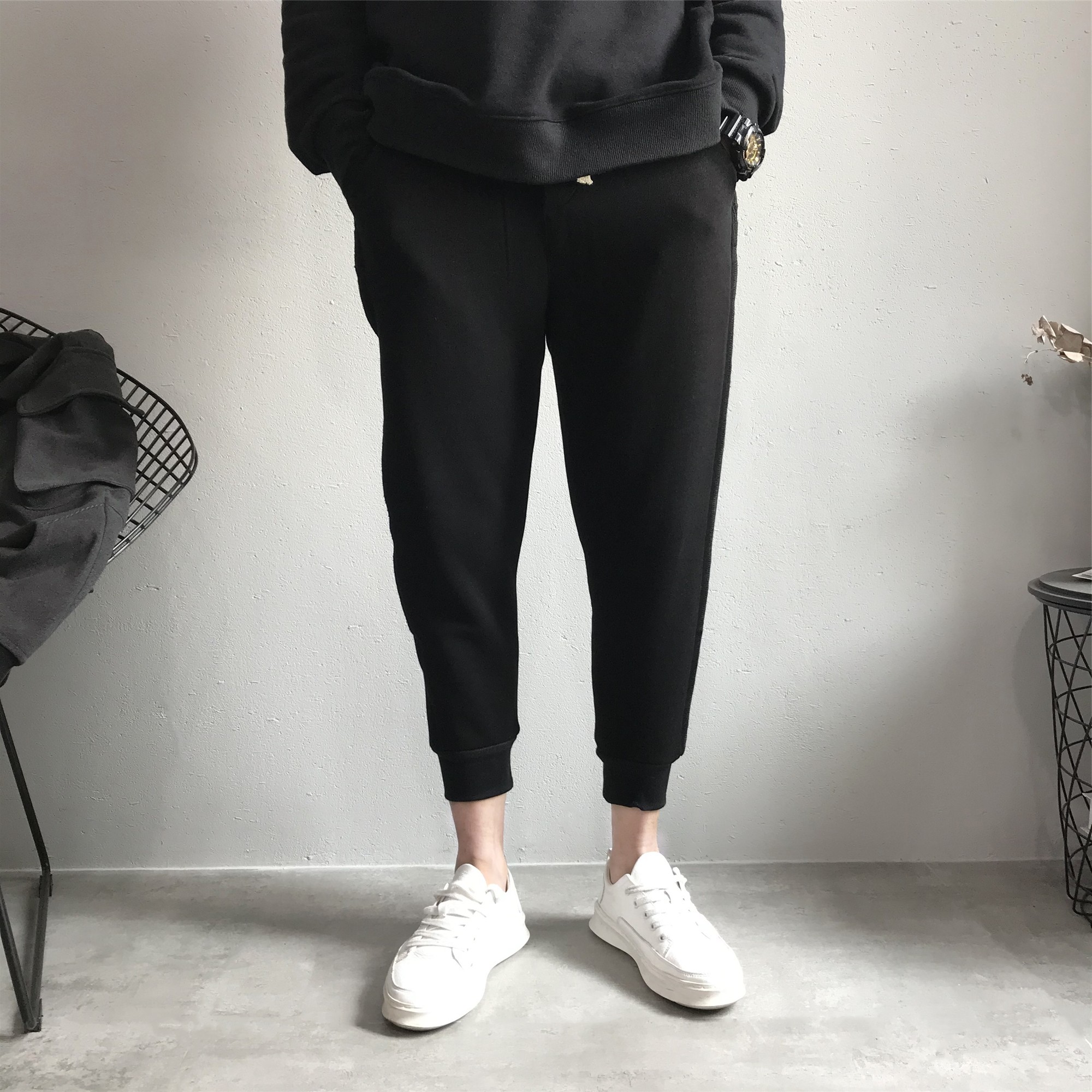 秋冬加绒加厚九分休闲裤男 束脚运动裤潮牌弹力小脚修身哈伦卫裤