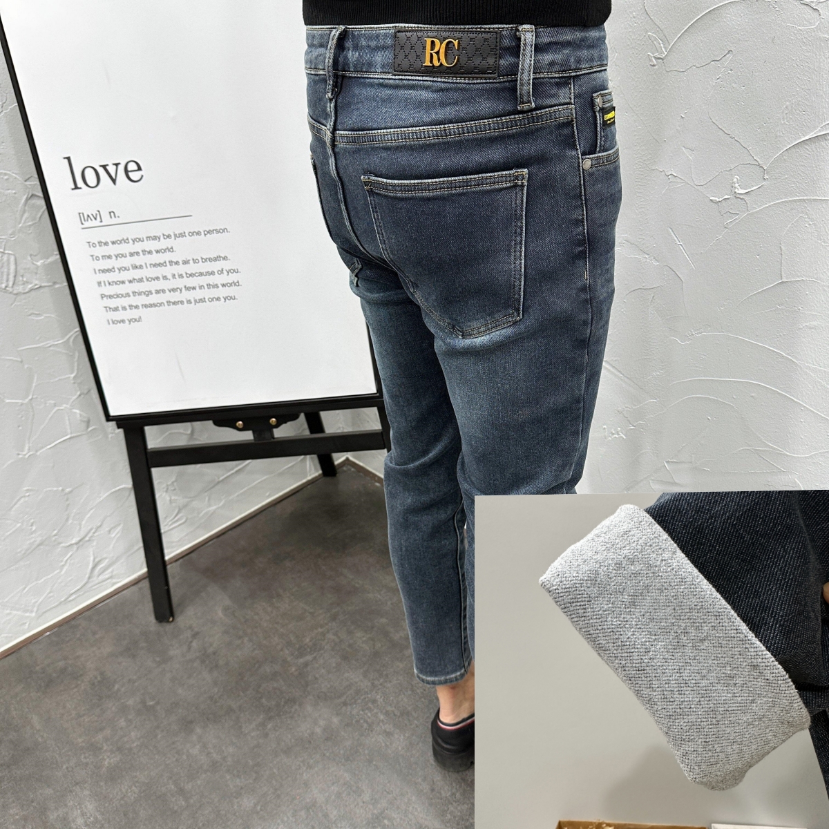 蓝灰色水洗抓毛加厚保暖弹力修身小脚九分牛仔裤男士秋冬新款潮流