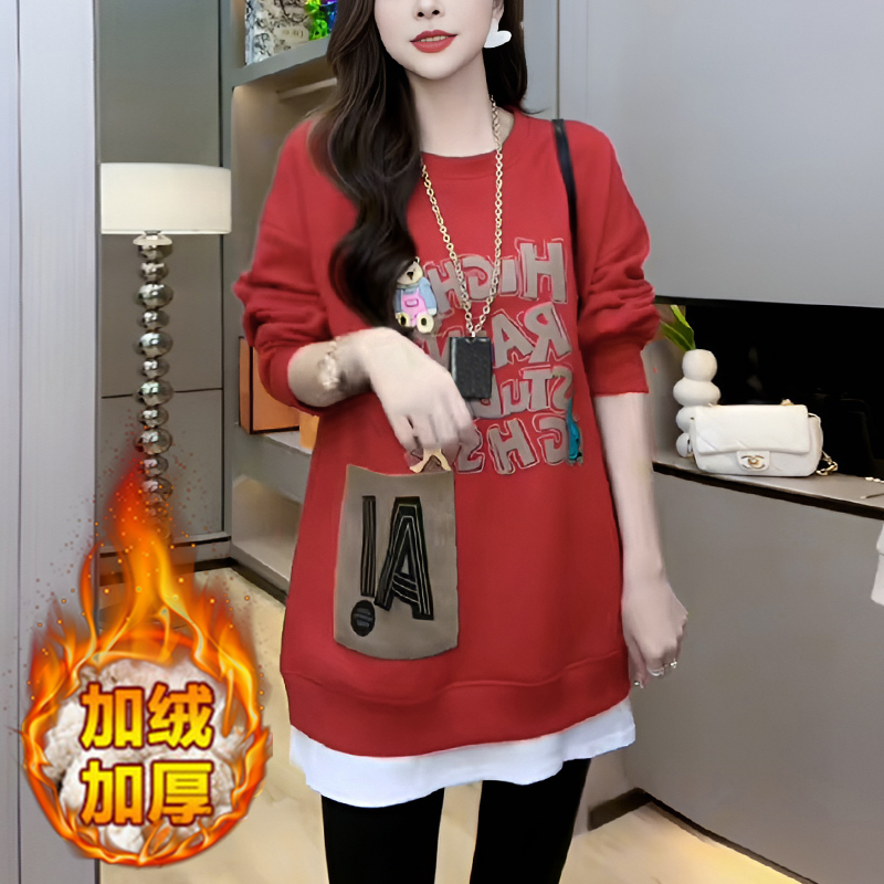 潮流时尚中长款加绒加厚保暖卫衣秋冬日常穿搭假两件拼接上衣