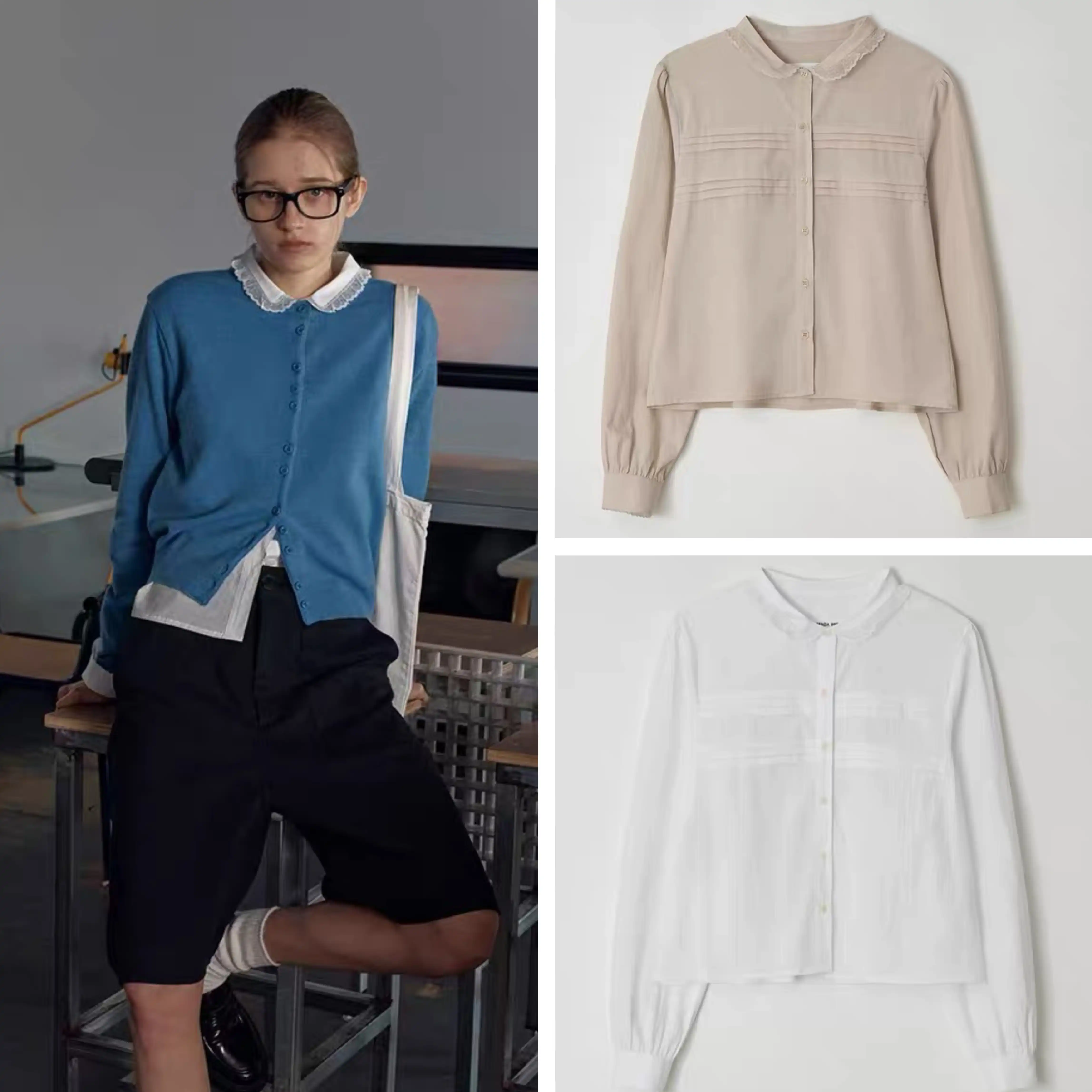 韩国设计师br*nden 时尚百搭蕾丝边领宽松休闲衬衫