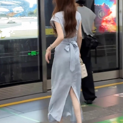 专柜撤回蓝色掐腰连衣裙夏女2025新款法式轻熟巨好看的裙子高级感