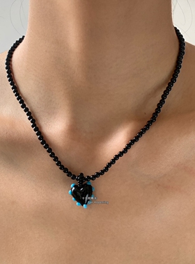 黑玛瑙琉璃爱心串珠项链小众设计