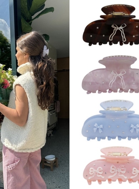 FHP emijay同款小众设计镶钻蝴蝶结发夹抓夹后脑勺醋酸鲨鱼夹发饰